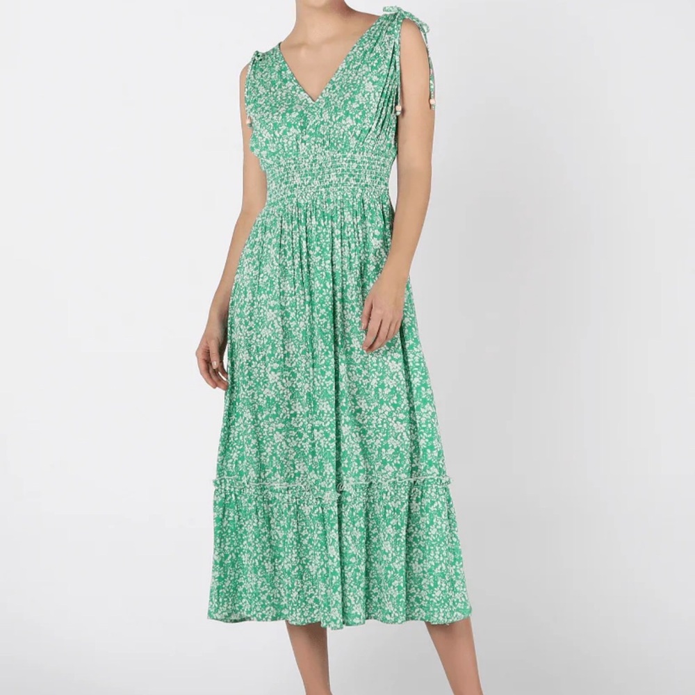 DEX Green Floral Dress Medium Midi Smocked Waist Tie Shoulder Cottagecore Summer